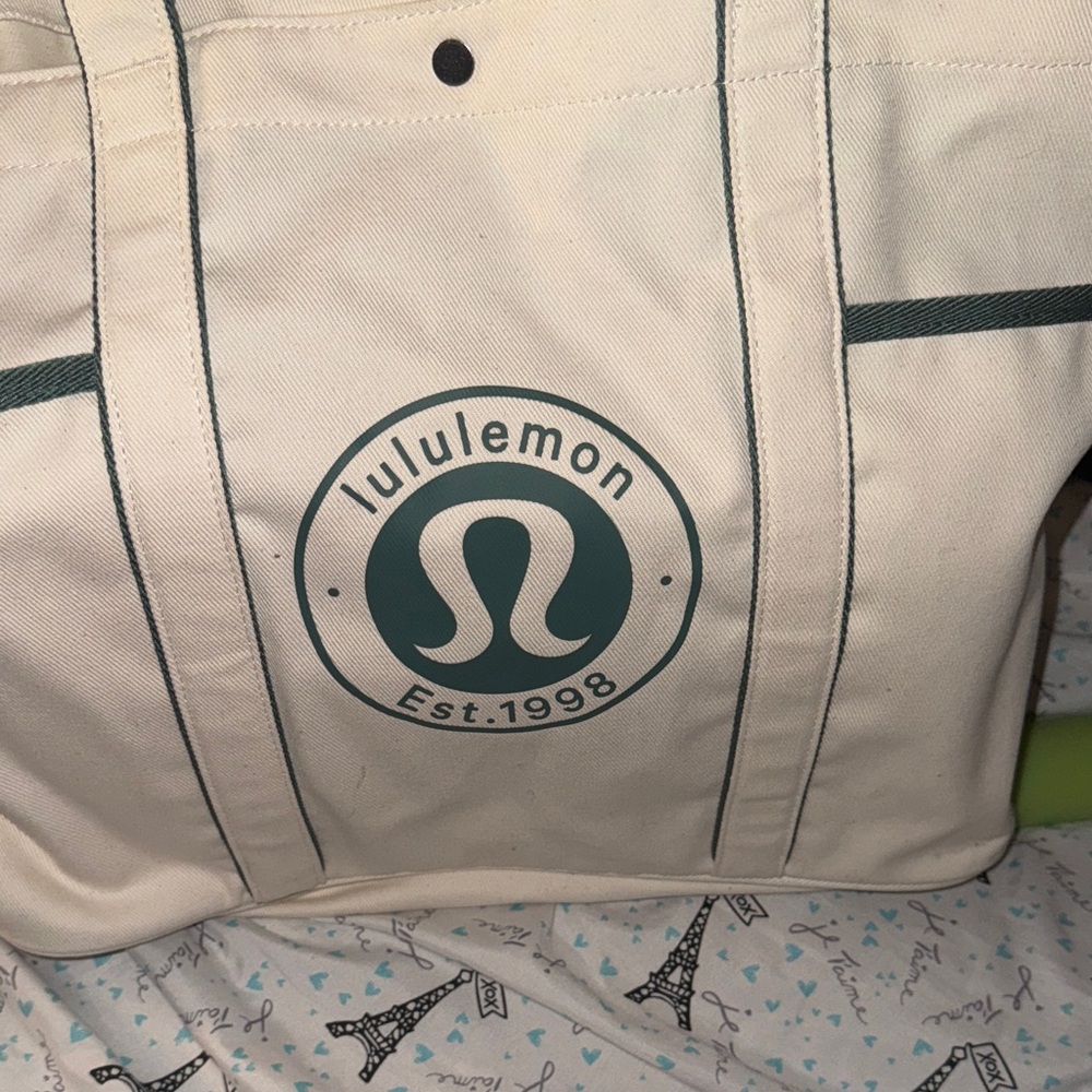 Lemon Cream and Green Canvas Tote